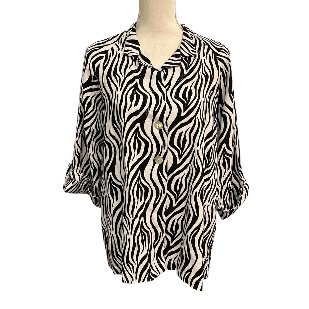 Talie Top‎ Womens L Black Animal Zebra Print Linen Blend Button Down Tunic Casua